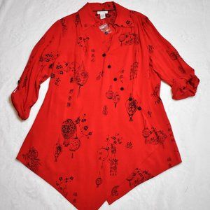 Sz L Soft Surroundings Kimono Pagoda Red Black Wrap Tunic Top Shirt Blouse.